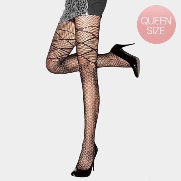 NWT Plus‎ Size Bow Fishnet Pantyhose Black Tights - Picture 1 of 9